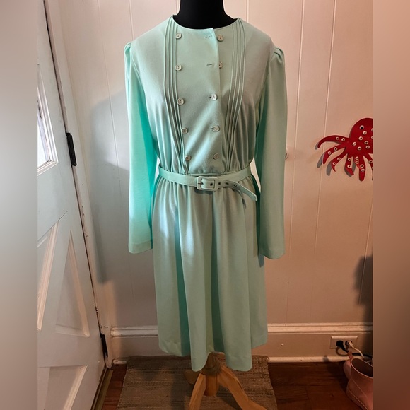 Vintage 70s Cora’s Closet Mint Green Belted Dress - Picture 1 of 5